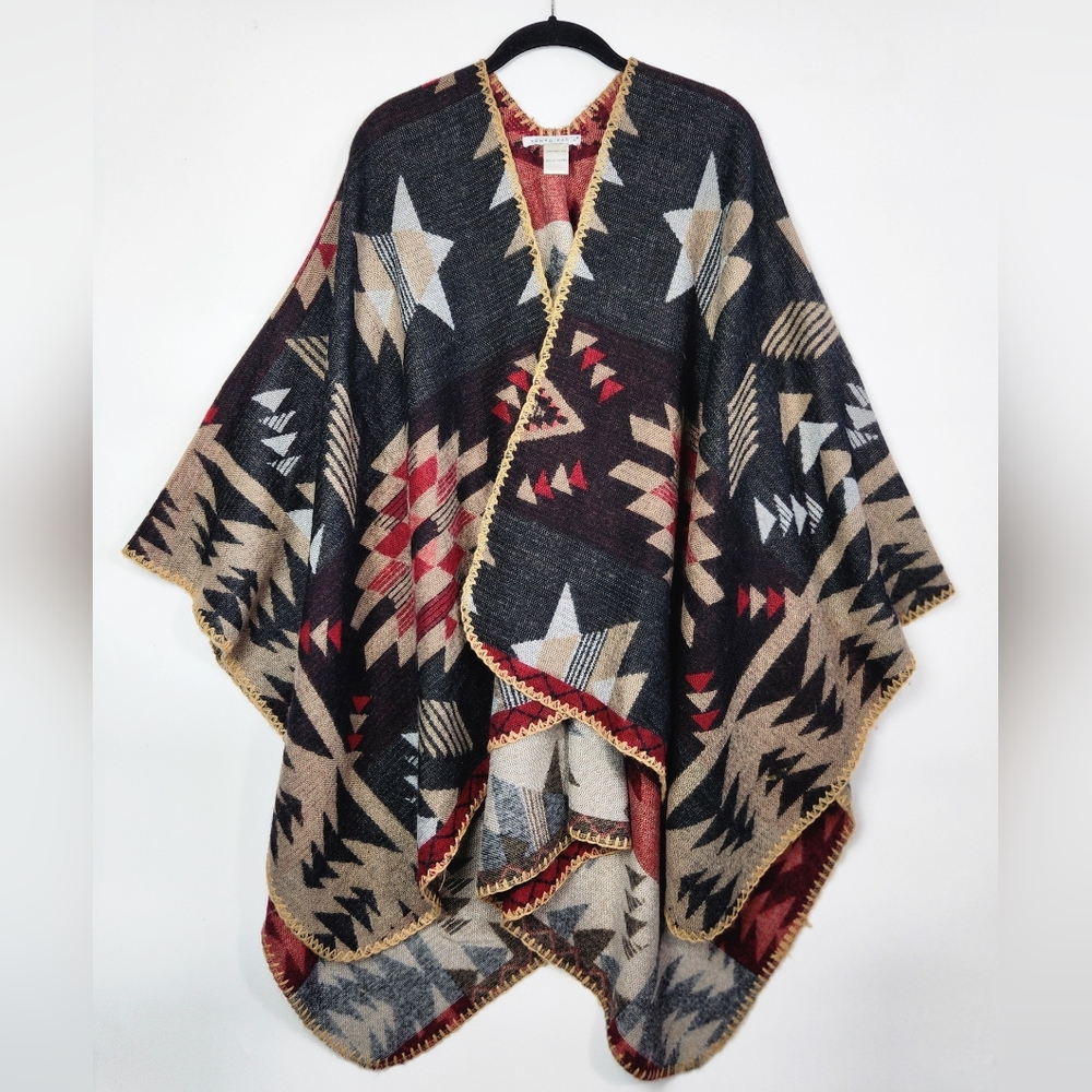 Tempo Paris Sweater Womens Fits All Red Aztec Bohemian‎ Poncho Wool Blend Tribal